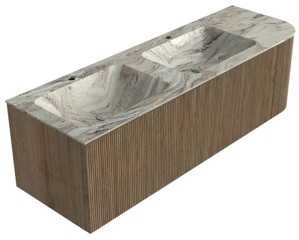 Mondiaz Kurve-dlux 145cm badmeubel ronding rechts dusk met 1 lade en deur en wastafel leaf dubbel/links 2 kraangaten glace