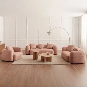 Zitkamer Set Met Modulaire 3-zitsbank, 2-zitsbank En Fauteuil In Coco Chenille Stof Chenille Roze – Kwarts - Sklum