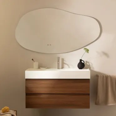 Badkamermeubelset Van Hout En Essenhoutfineer Met Geïntegreerde Wastafel Ona Donker Hout & Oval Led And Antifog 140x75 Cm Jynox - Sklum