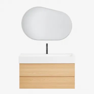 Ona Zwevend Badkamermeubelset Van Hout En Essenfineer Met Geïntegreerde Wastafel Natuurlijk Hout & Ovaal Led En Anticondens 100x80 Cm Riben & - Sklum