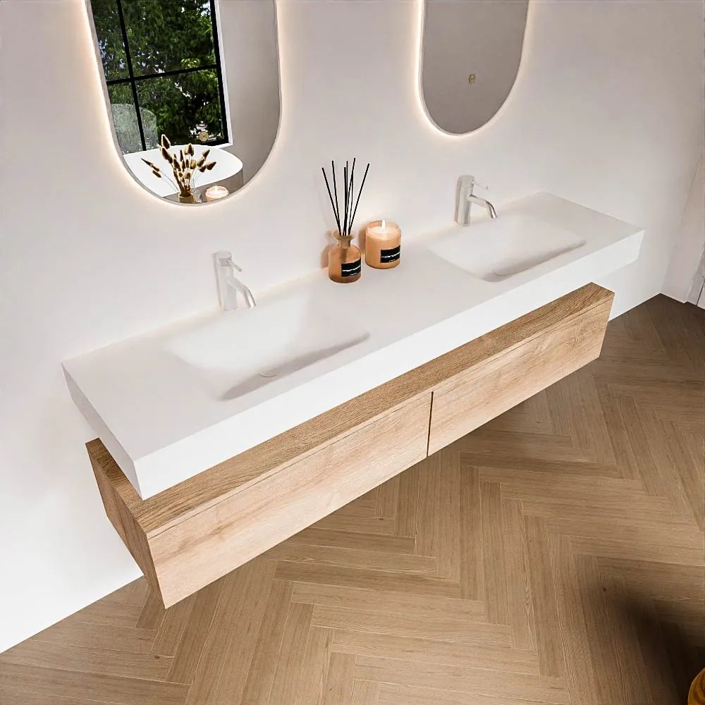 Zaro Alan badmeubel 190cm washed oak 2 lades met vrijhangende wastafel cloud dubbel 2 kraangaten talc