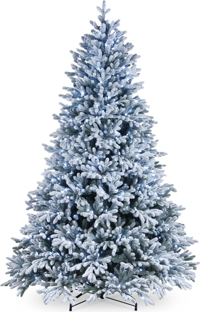 Snowy Hamilton kunstkerstboom - 228 cm - groen - Diameter 152 cm - 4.598 tips - 750 ledlampjes - besneeuwd - metalen voet