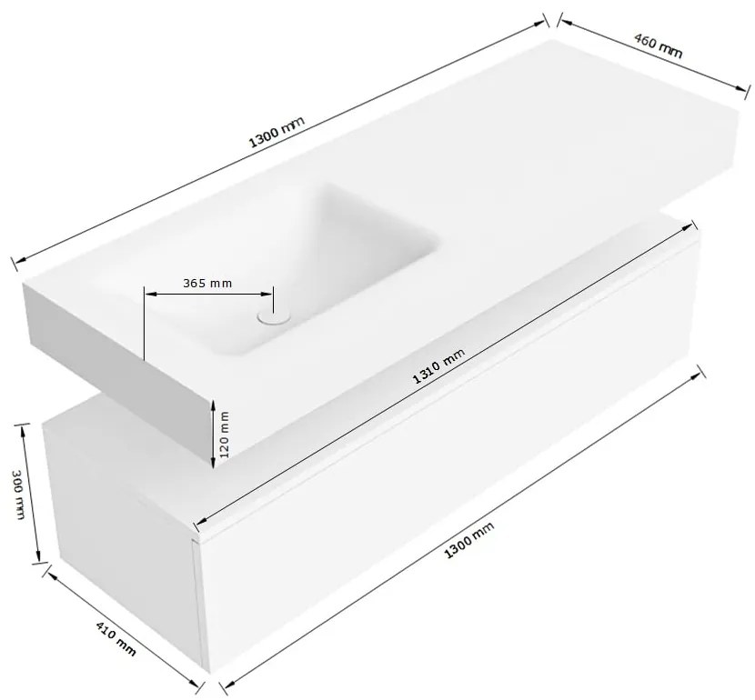 Zaro Alan badmeubel 130cm sand met 1 lade en vrijhangende wastafel links met kraangat wit mat