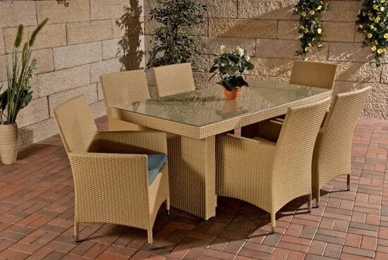 Wicker Poly rotan/rattan tuinset AVIGNON 6x stoel + tafel 180 x 90 cm - kleur wicker zand kleur overtrek ijzerachtig grijs