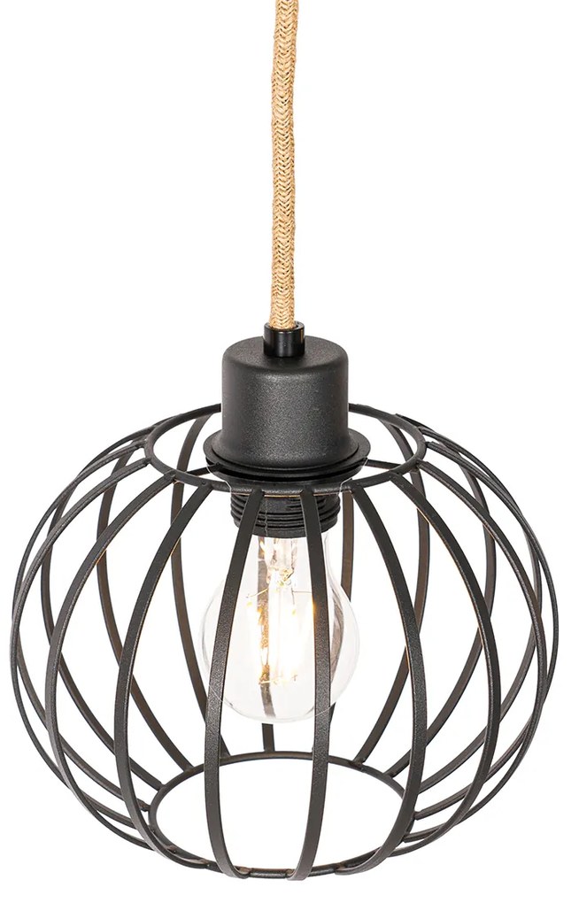 Landelijke hanglamp zwart met hout 3-lichts - Yura
