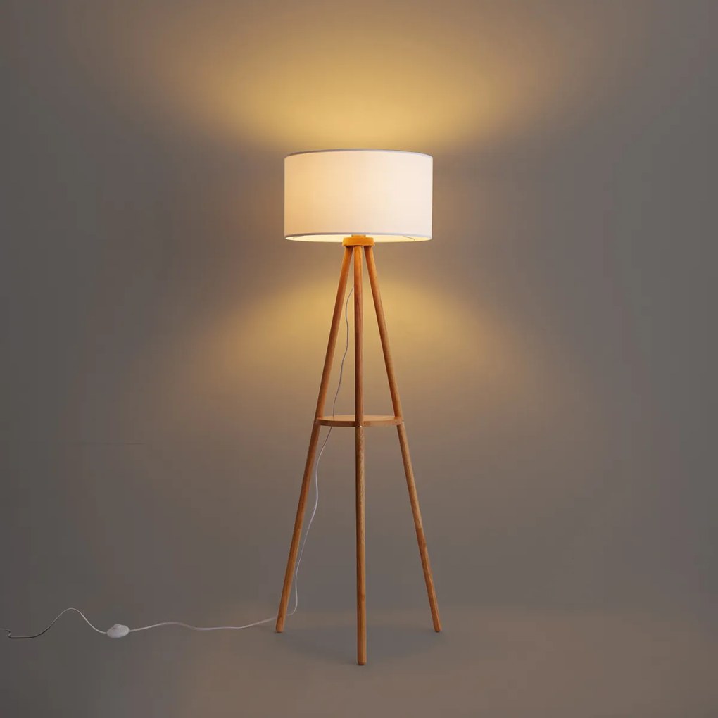Scandinavische vloerlamp hout met stoffen kap wit - Lou