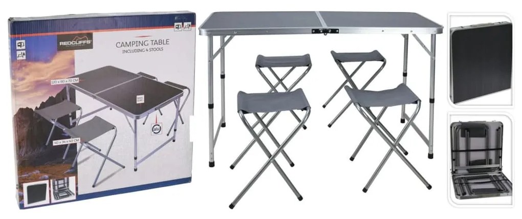 Redcliffs Campingtafel inklapbaar met 4 stoelen 120x60x70 cm grijs