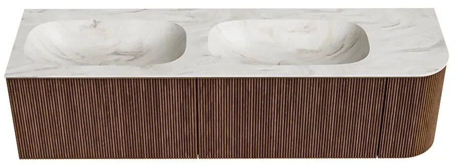 Mondiaz Kurve-dlux 165cm badmeubel ronding rechts walnut met 2 lades en 1 deur en wastafel stor small dubbel/links 2 kraangaten ostra
