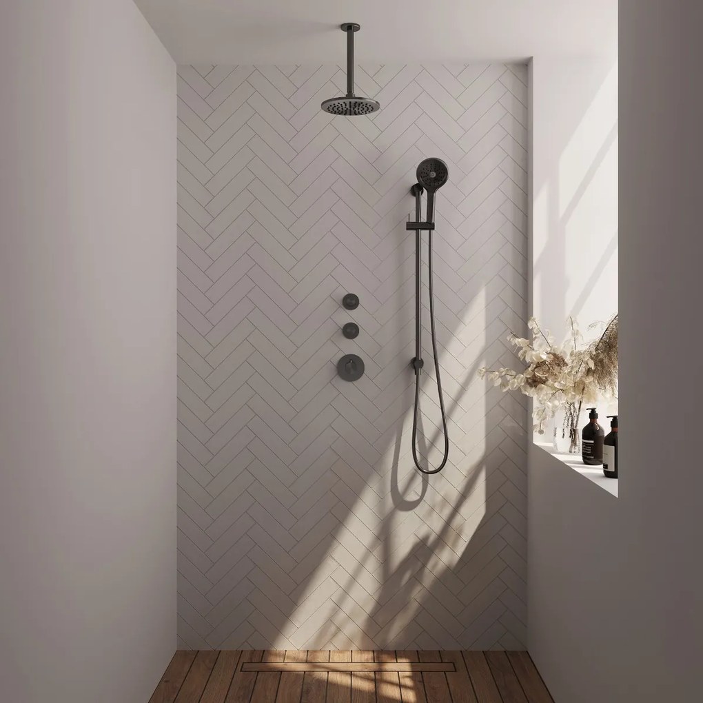 Brauer Gunmetal Edition complete inbouw regendouche met 3 standen handdouche, plafondarm, glijstang en hoofddouche 20cm set 23 gunmetal geborsteld PVD