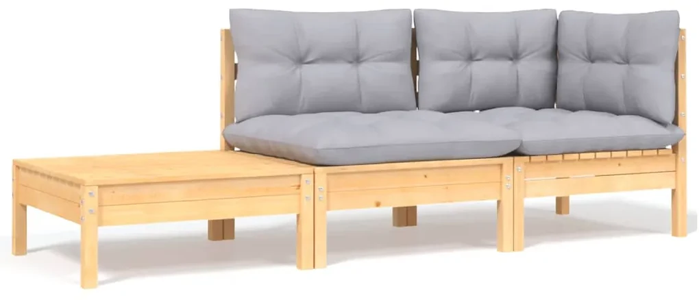 vidaXL 3-delige Loungeset met grijze kussens massief grenenhout