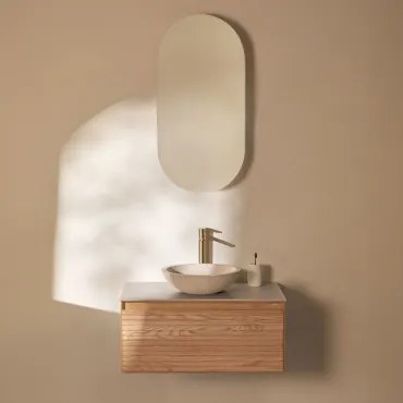 Tedrik Zwevend Badkamermeubelset Van Essenhout Ash Brown & Rond Cement Wit Ø40 Cm Zavion & Ovaal Met Opbergruimte 45x90 Cm Abner & Goud - Sklum