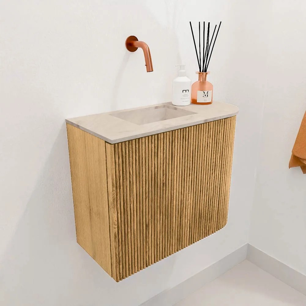 Mondiaz Joya DLux 50cm toiletmeubel ronding rechts oak met wastafel faye links zonder kraangat frappe