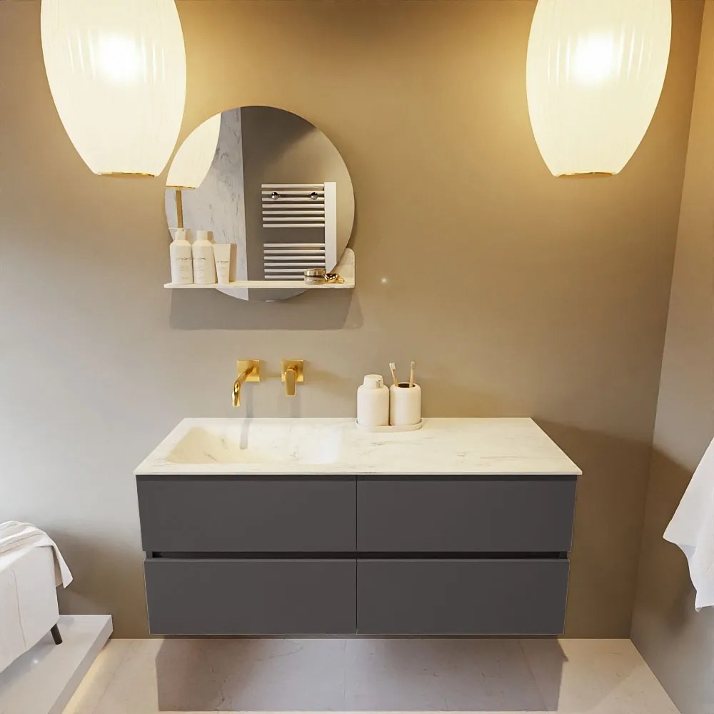 Mondiaz Vica DLux badmeubel 120cm dark grey 4 lades met wastafel opalo links zonder kraangat