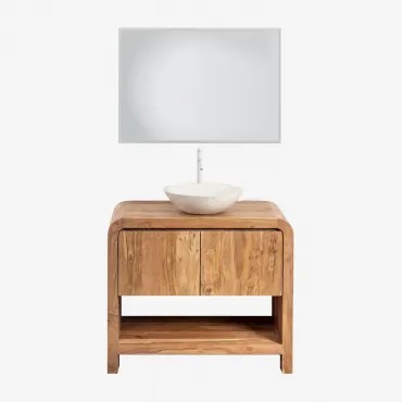 Vacry Houten Badkamermeubelset Acacia Bruin & Rond Cement Wit Ø40 Cm Zavion & Rechthoekige Led En Anticondens 100x70 Cm Riben & Wit ↑30 Cm Met Aftapkr