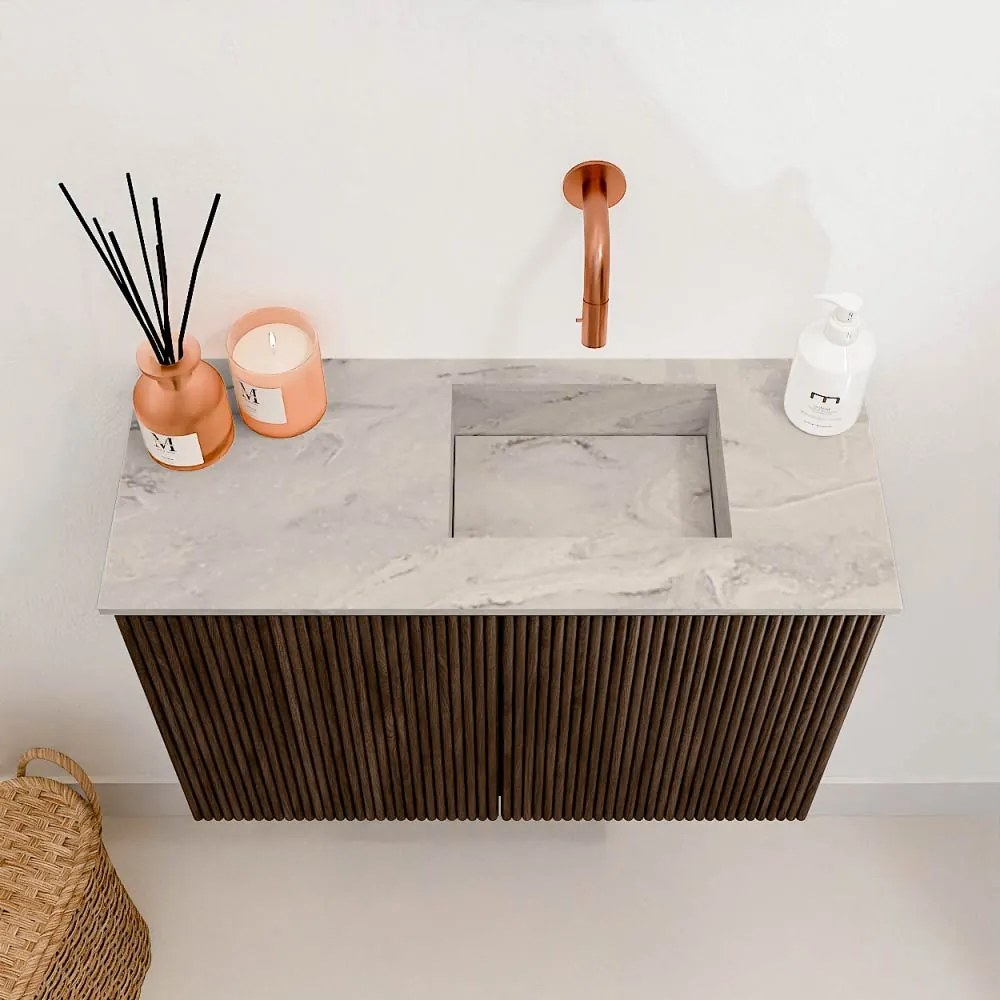 Mondiaz Joya DLux 60cm toiletmeubel walnut met wastafel faye rechts zonder kraangat glace