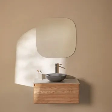 Tedrik Zwevend Badkamermeubelset 80x50 Cm In Essenhout Ash Brown & Rond Grijs Cement Ø40 Cm Tarsis & Vierkant Led En Anticondens 75x75 Cm Riben -