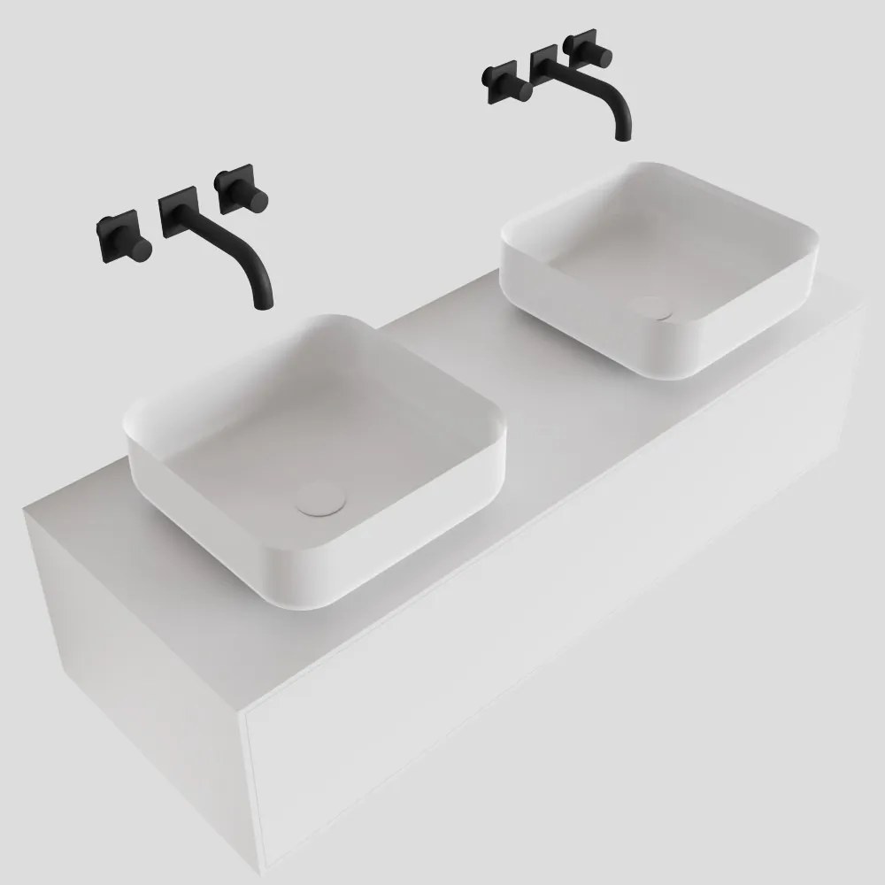 Zaro Lagom volledig naadloos solid surface onderkast met topblad 120cm mat wit met 1 lades Push tot open. Compleet met solid surface opzetkom met 0 kraangat(en)