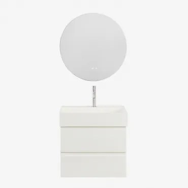 Ona Zwevend Badkamermeubelset Van Hout En Essenfineer Met Geïntegreerde Wastafel Wit & Round Led And Antifog Ø70 Cm Riben & - Sklum