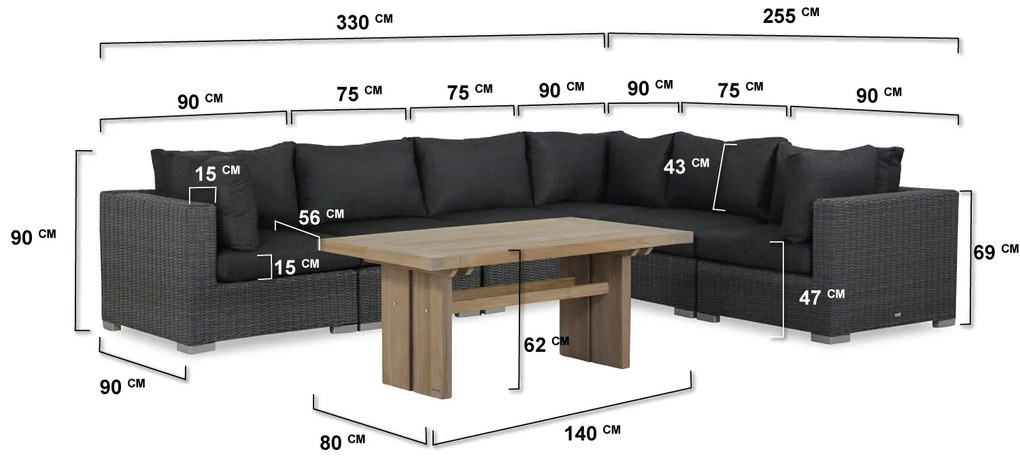 Dining Loungeset 6 personen Wicker Zwart  Garden Collections Toronto/Brighton