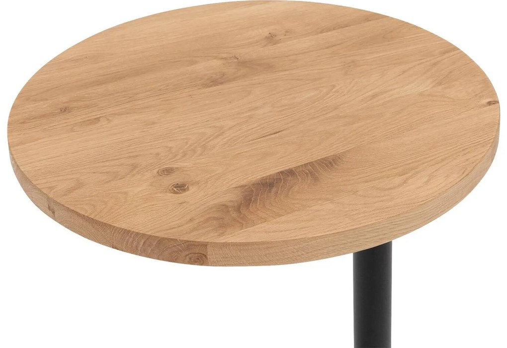 Goossens Nachtkastje Runt, Voet rond metaal ral 9005 zwart, blad massief eik