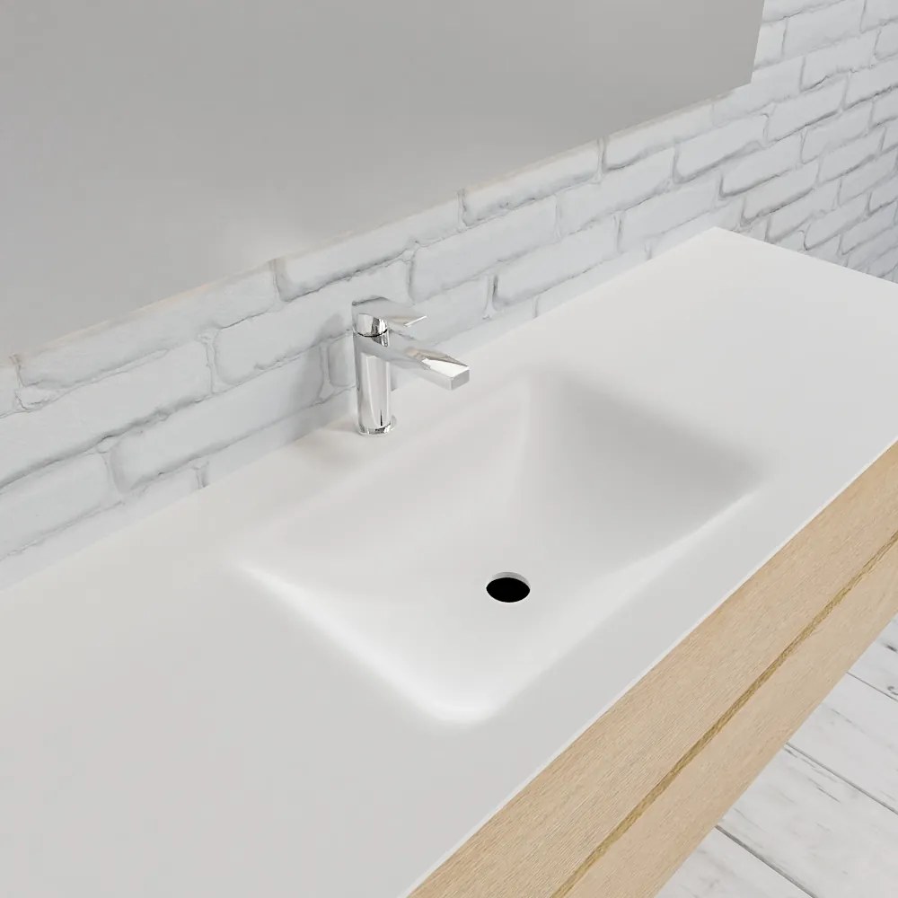 Zaro Valencia Solid Surface badmeubel 150cm licht eiken 1 kraangat spoelbak midden met 2 lades