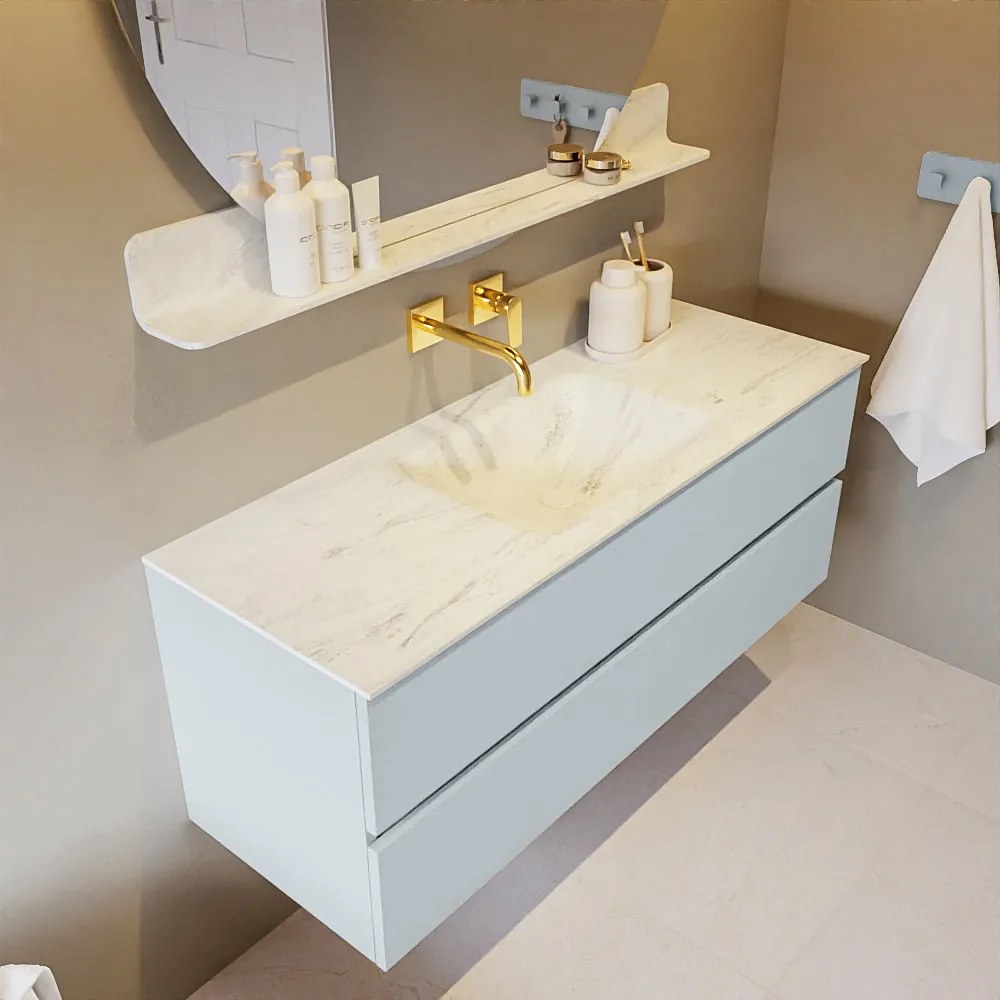 Mondiaz Vica DLux badmeubel 130cm clay 2 lades met wastafel opalo midden zonder kraangat