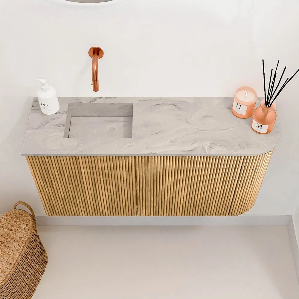 Mondiaz Joya DLux 80cm toiletmeubel ronding rechts oak met wastafel faye links zonder kraangat glace