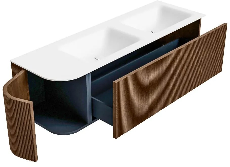 Mondiaz Kurve 145cm badmeubel ronding links walnut met 1 lade en deur en wastafel cloud dubbel/rechts zonder kraangat