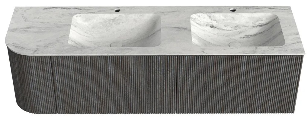 Mondiaz Kurve-dlux 155cm badmeubel ronding links shadow met 2 lades en 1 deur en wastafel leaf dubbel/rechts 2 kraangaten opalo