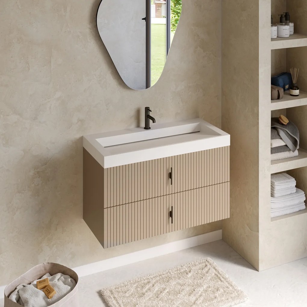 Muebles Estella badmeubel ribbelfront 100cm macchiato met solid surface wastafel met kraangat