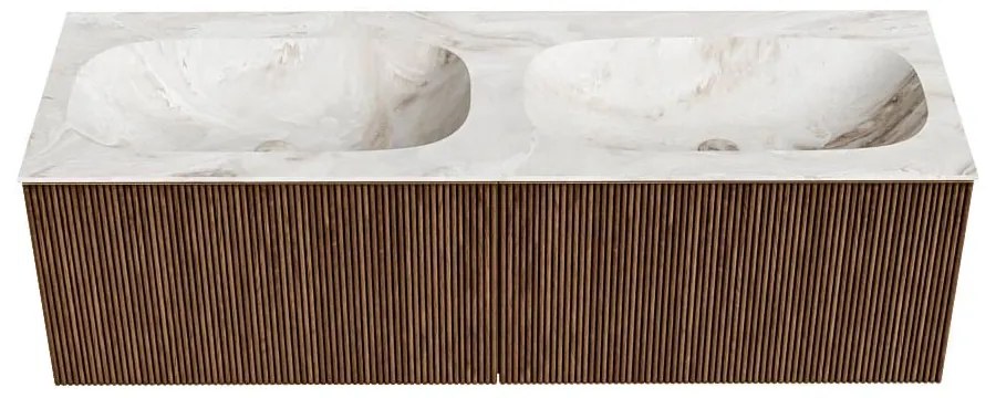 Mondiaz Kurve-dlux 140cm badmeubel walnut met 2 lades en wastafel stor small dubbel zonder kraangat frappe