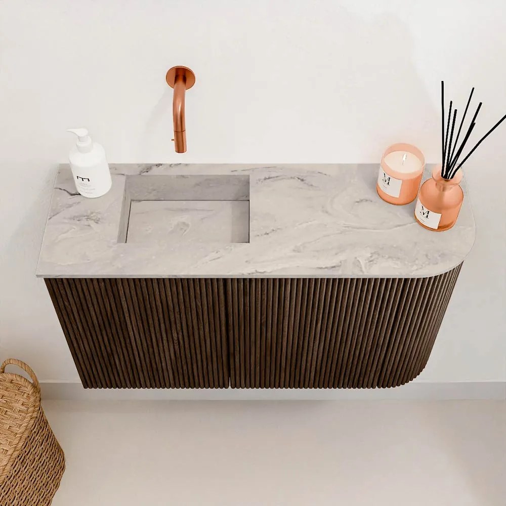 Mondiaz Joya DLux 70cm toiletmeubel ronding rechts walnut met wastafel faye links zonder kraangat glace