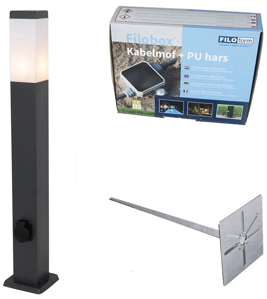 Buitenlamp donkergrijs met grondpin en kabelmof 80cm incl. stopcontact IP44 - Malios