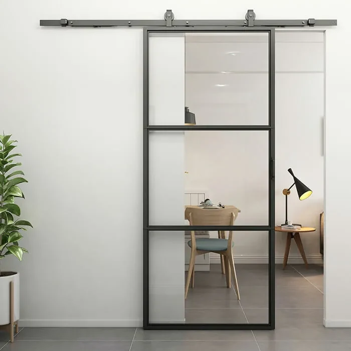 Stalen Schuifdeur -  3-vaks Helder Glas - Zwart - Incl. Rails