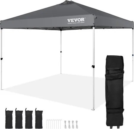 VEVOR Pavilion 304,8x304,8x320cm Tuintent 250D PU Zilver Gecoat Stof Opvouwbare Paviljoen inclusief Opbergtas Partytent 6-8 Personen Pop-up Tent Opvouwbare Tent Tuinpaviljoen voor Kampeertrip