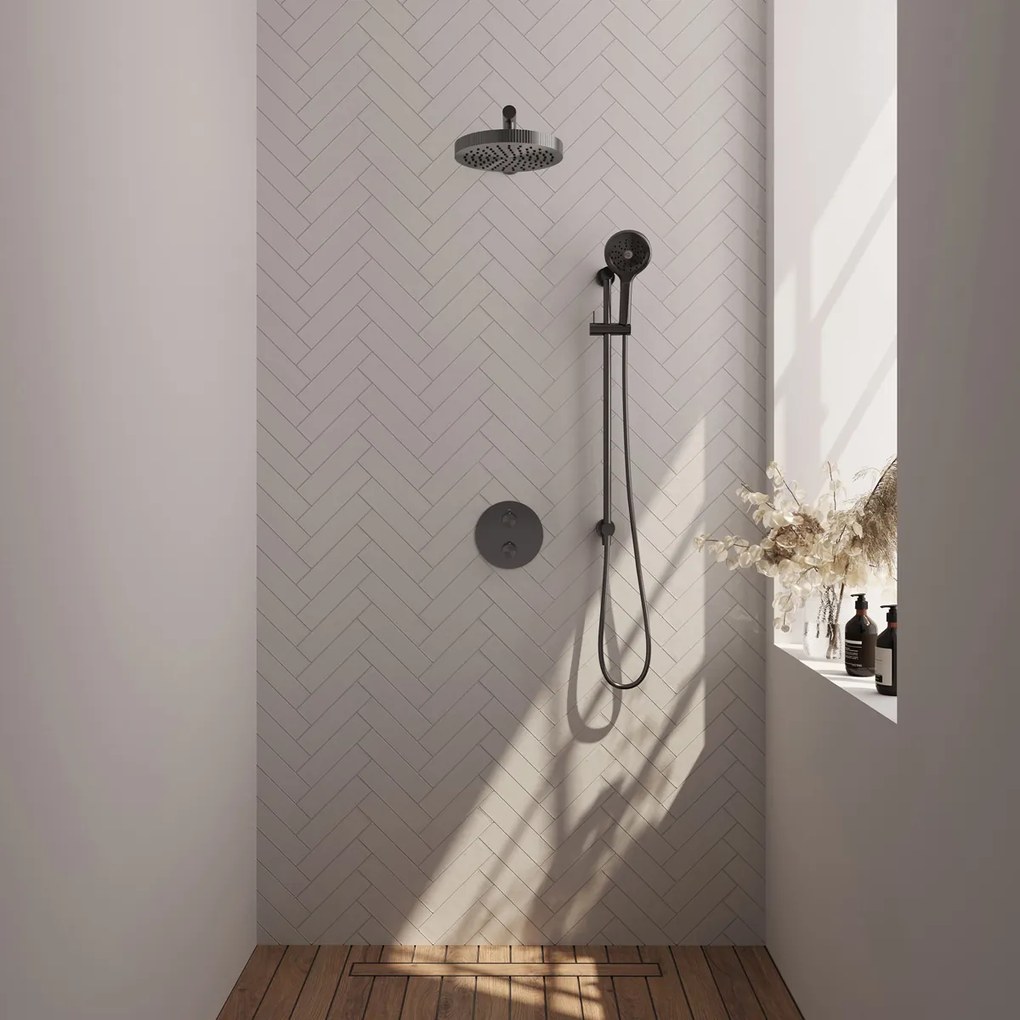 Brauer Stripe inbouw regendouche rond met 25cm hoofddouche, rond met rechte muurarm, glijstang en 3 standen handdouche set 46 gunmetal geborsteld PVD