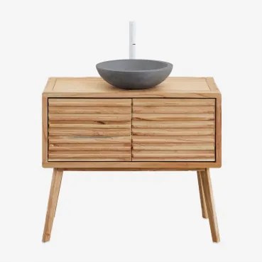 Deleyna Badkamermeubelset 90x45 Cm Van Hout Natuurlijk Hout & Rond Grijs Cement Ø40 Cm Tarsis & Spiegelloze & Wit ↑30 Cm - Sklum