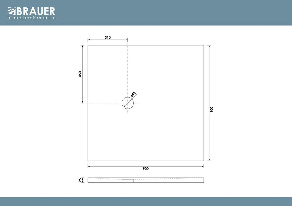 Brauer Asteroid douchevloer 90x90cm mineraalmarmer wit mat