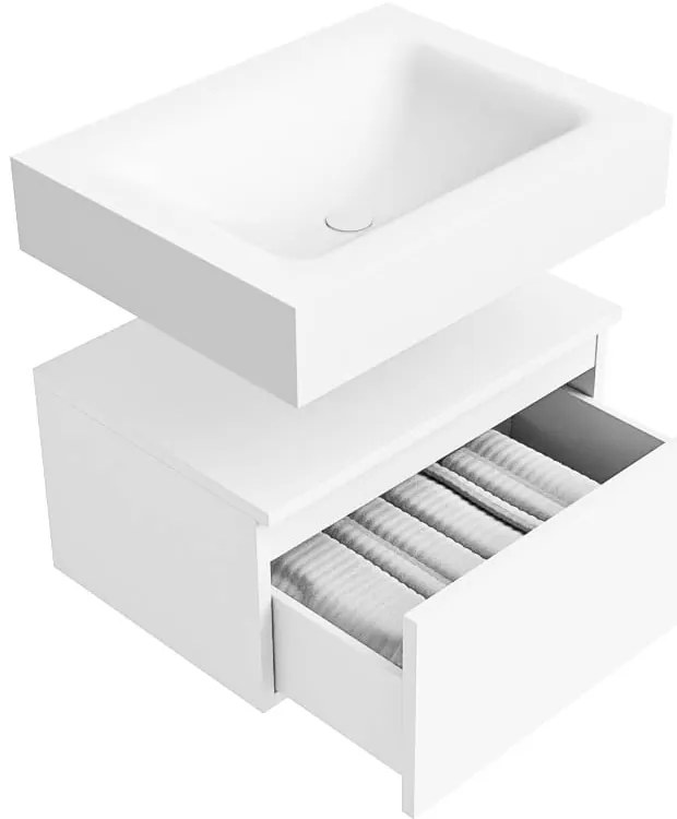 Zaro Alan badmeubel 60cm talc 1 lade met vrijhangende wastafel cloud midden zonder kraangat talc