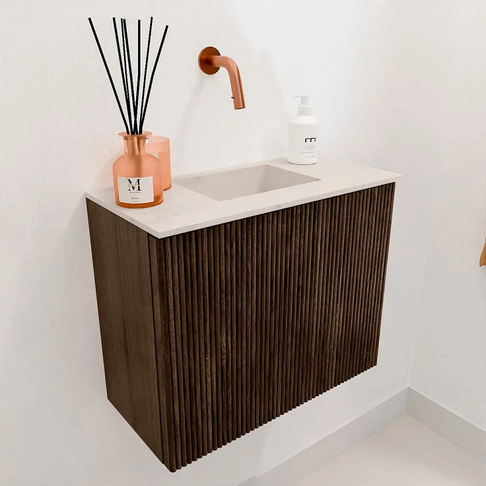 Mondiaz Joya DLux 50cm toiletmeubel walnut met wastafel faye midden zonder kraangat meli