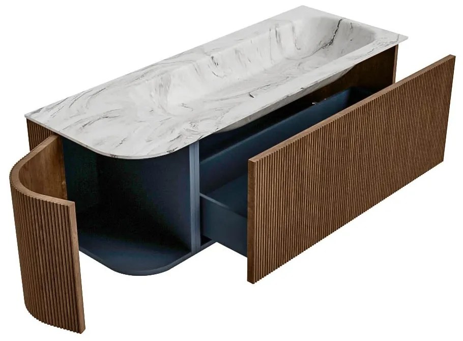 Mondiaz Kurve-dlux 125cm badmeubel ronding links walnut met 1 lade en deur en wastafel big medium rechts zonder kraangat glace
