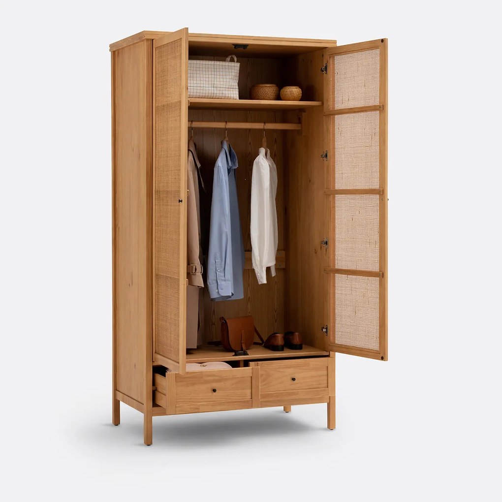 Kast met 2 deuren in massief dennen-en riethout, Gabin