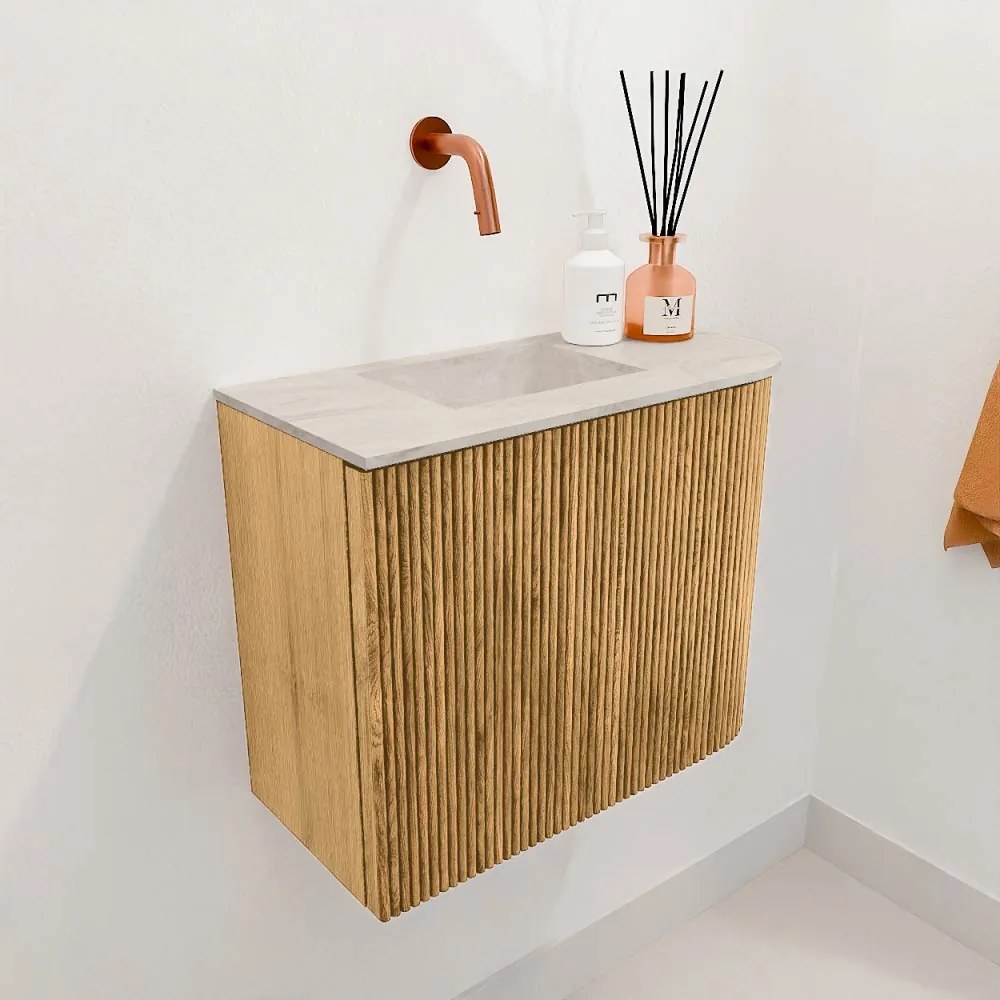 Mondiaz Joya DLux 50cm toiletmeubel ronding rechts oak met wastafel faye links zonder kraangat ostra