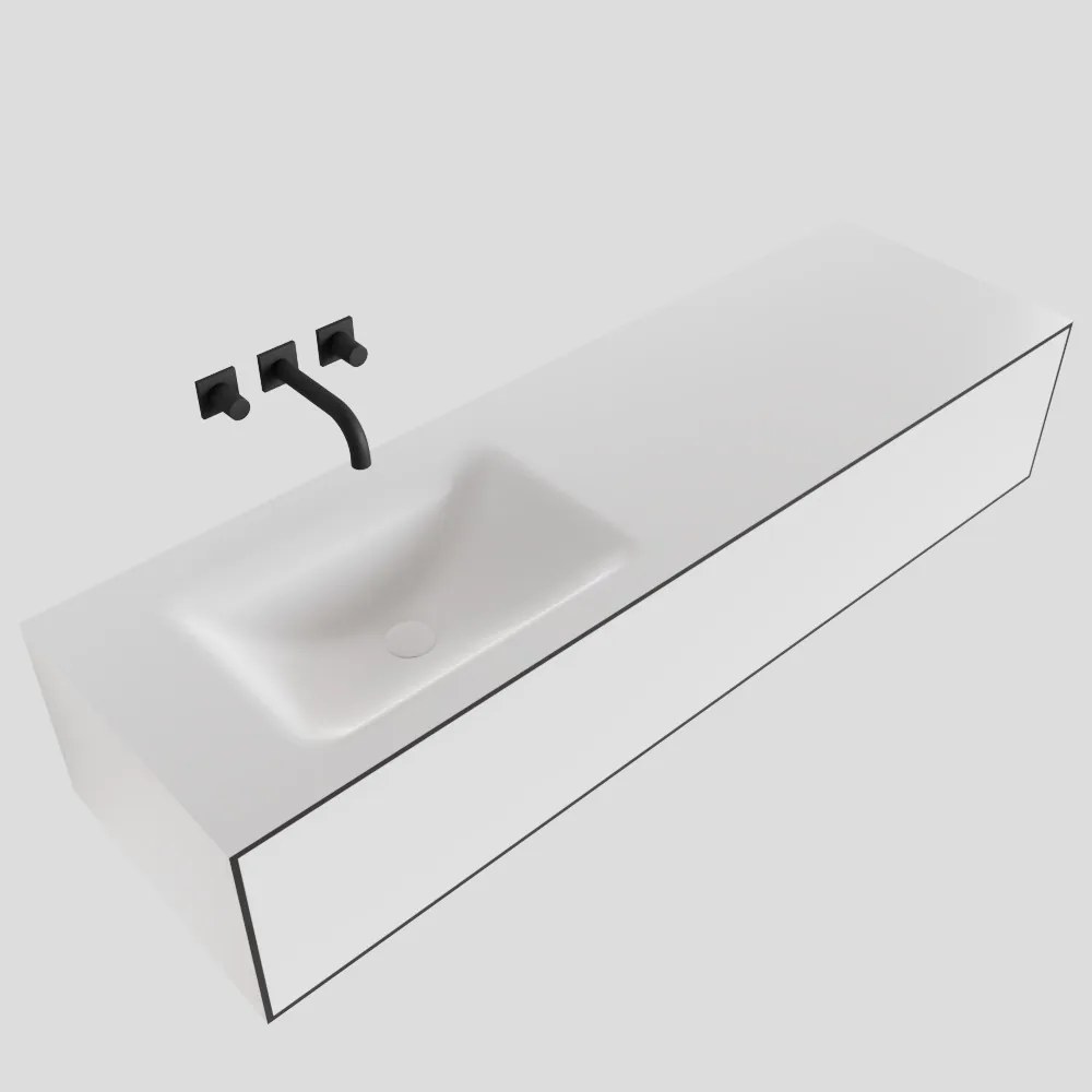 Zaro Lagom volledig naadloos solid surface onderkast 150cm mat zwart met 1 lade Push tot open. Compleet met solid surface wastafel met 0 kraangat(en)