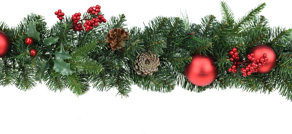 Guirlande "Victoria" - groen - L180 cm x diameter 30 cm - met rode bessen, dennenappels &amp; kerstballen