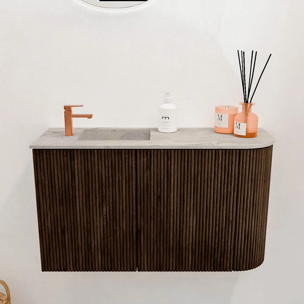 Mondiaz Joya DLux 70cm toiletmeubel ronding rechts walnut met wastafel faye links 1 kraangat glace