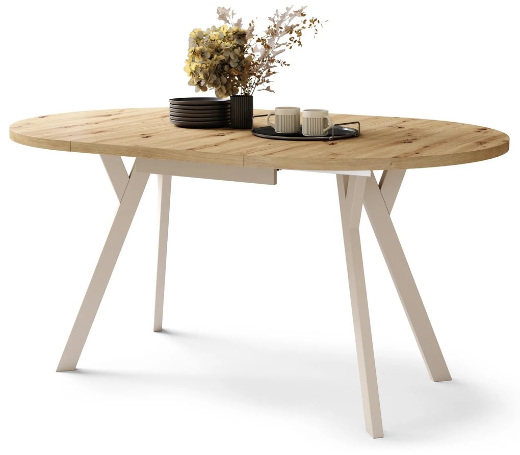 ALDO Eiken Artisan/Beige poten - RONDE LOFT/INDUSTRIËLE TAFEL VOOR WOONKAMER/EETKAMER, UITSCHUIFBAAR