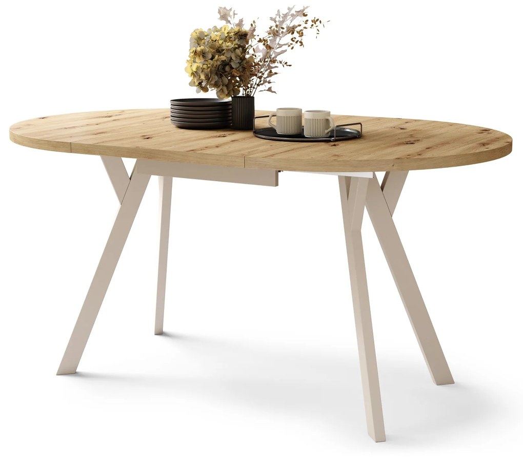 ALMO Eiken Artisan/Beige poten - RONDE LOFT/INDUSTRIËLE TAFEL VOOR WOONKAMER/EETKAMER, UITSCHUIFBAAR