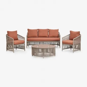 Tuinset Met Een 2-zitsbank, 2 Fauteuils En Salontafels Van Aluminium En Sophie Gevlochten Touw. Rood – Klei - Sklum