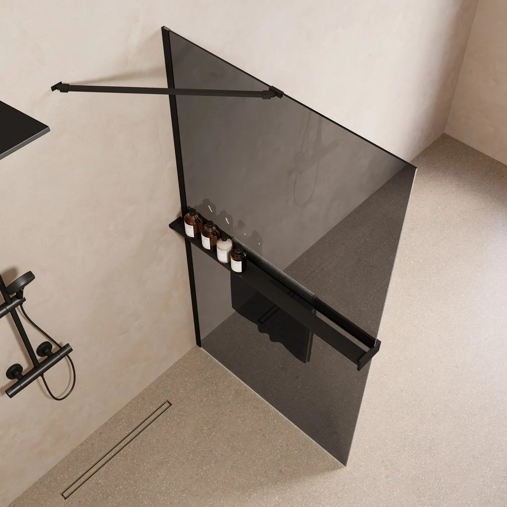 Saniclear Oblique inloopdouche 100cm met handdoekhouder en rookglas zwart mat